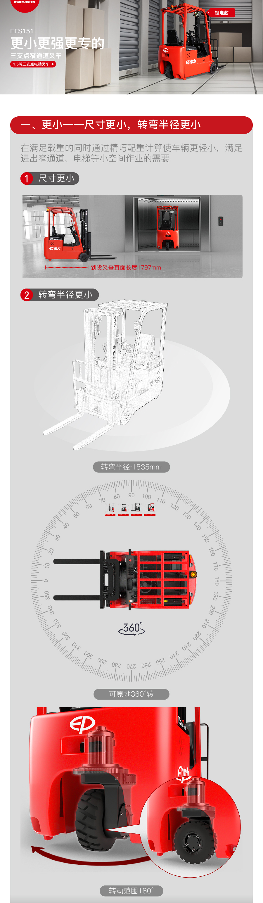 1.5噸三支點(diǎn)平衡重式電動(dòng)叉車EFS151